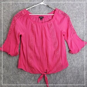 I.N Studio Top Women 1X Pink Tie Front Lace Trim Bell Sleeve Boho Peasant Blouse